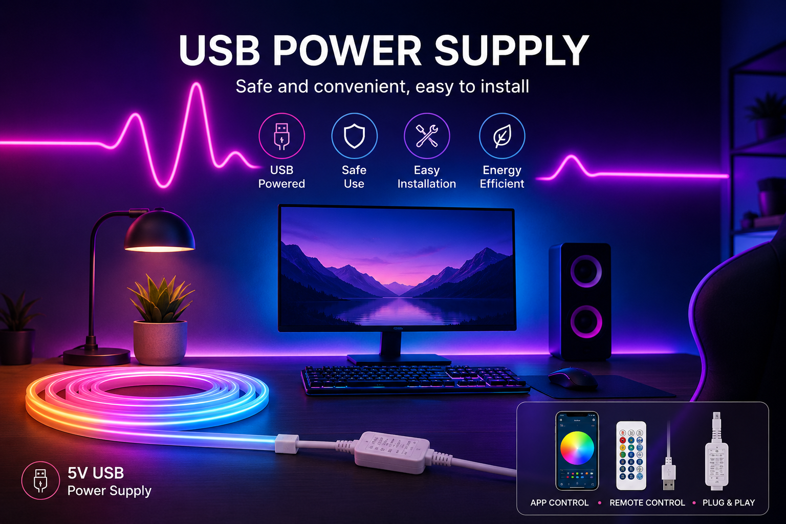 Smart RGB Neon LED-list – Appstyrning, Fjärrkontroll & Musikläge