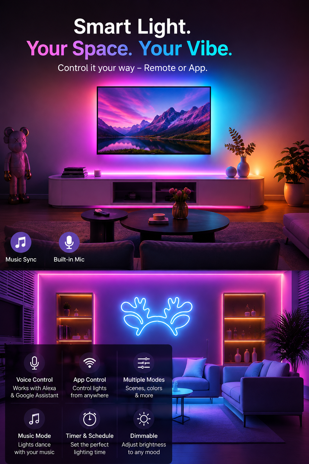 Smart RGB Neon LED-list – Appstyrning, Fjärrkontroll & Musikläge