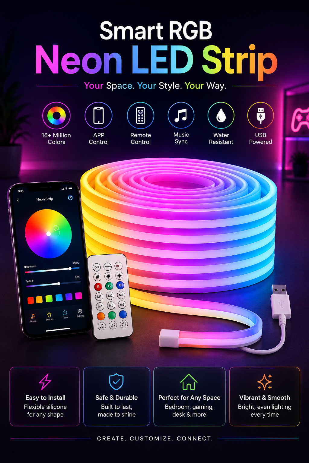 Smart RGB Neon LED-list – Appstyrning, Fjärrkontroll & Musikläge